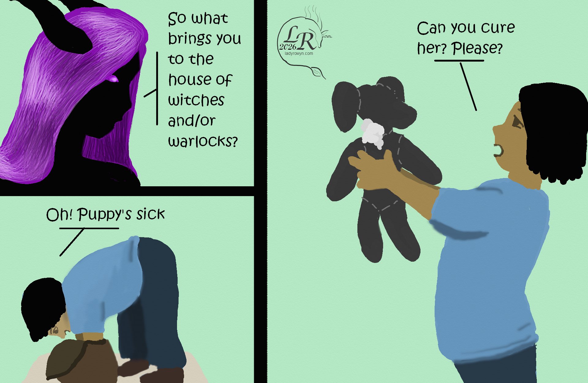 
First panel: Zhenshay: “So what brings you to the house of witches and/or warlocks?”
Second panel: Smol child bends to get something from backpack, now on table: “Oh! Puppy's sick.” 
Third panel: Smol child holds out stuffed dog with a rip and stuffing coming out at the neck seam. “Can you cure her?”
